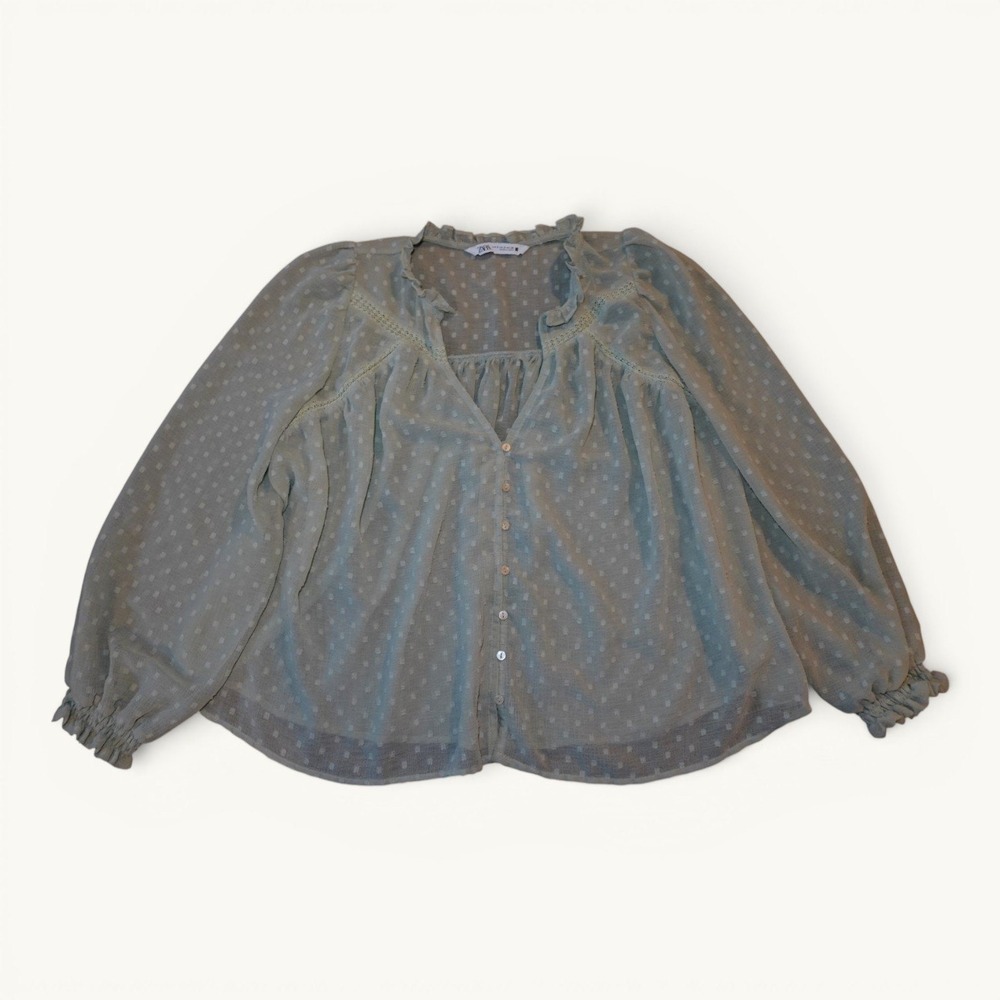Zara Sage Green Sheer Dobby Ruffle Babydoll Blouse Small